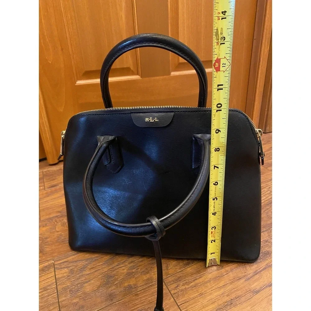 Lauren Ralph Lauren Purse Bag Satchel Black Leather Gold Monogram Zip Medium